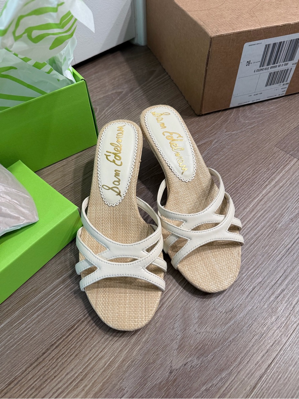 Sam Edelman Cream Strappy Slide Mules with kitten heel